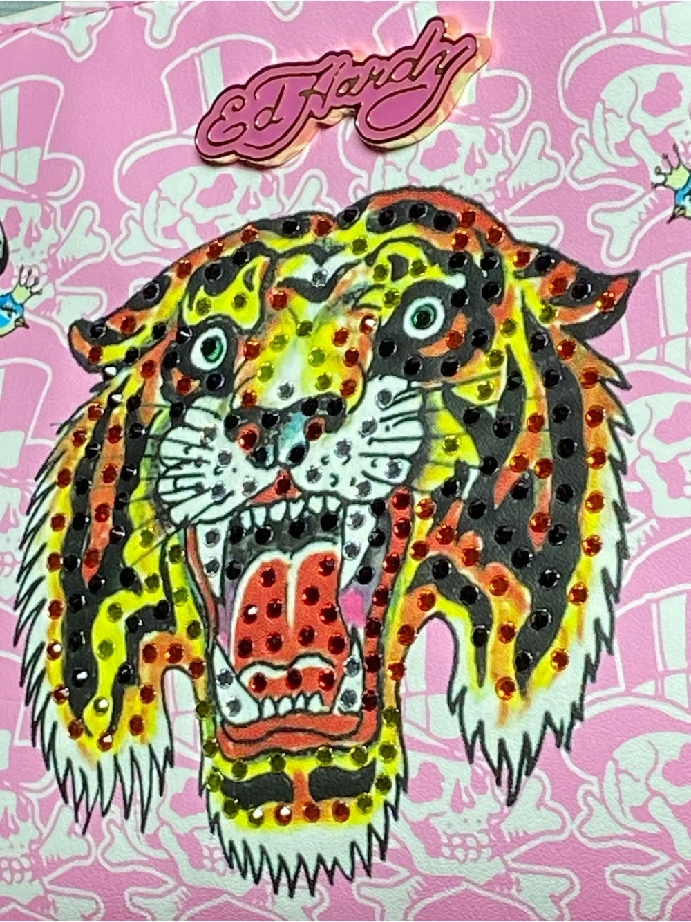 Ed Hardy Pink Graphic Shoulder Bag with Rhinestone Tiger, Gold Chain Accents